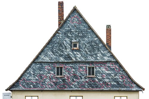 Giebel am weißen Schwanen mit markierte Stanniolmalereien, Foto: Martin Bartos, Nachbelichtung: D. Popp