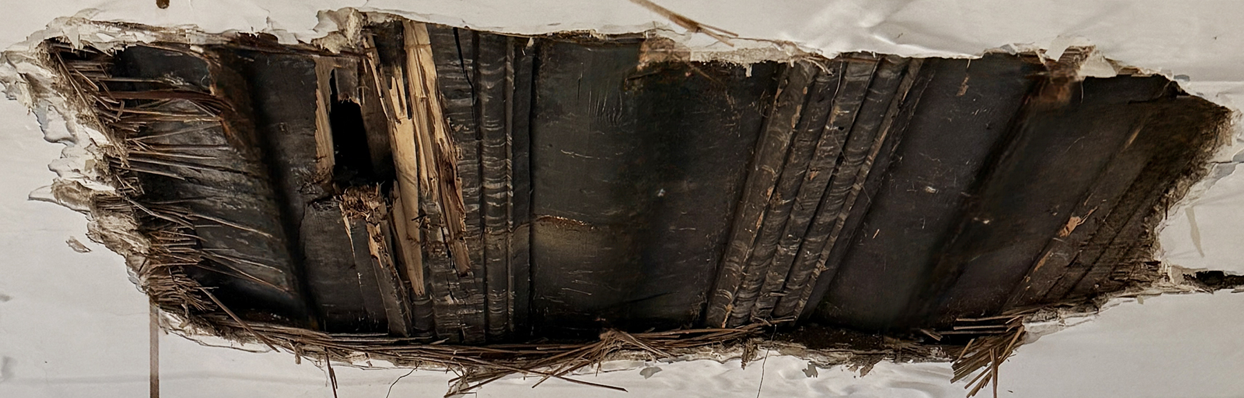 Blick auf ursprüngliche Balken-Bohlendecke des Saals: nur hier weisen Balken eine Profilierung mit flachen Kehlen und Wülsten auf